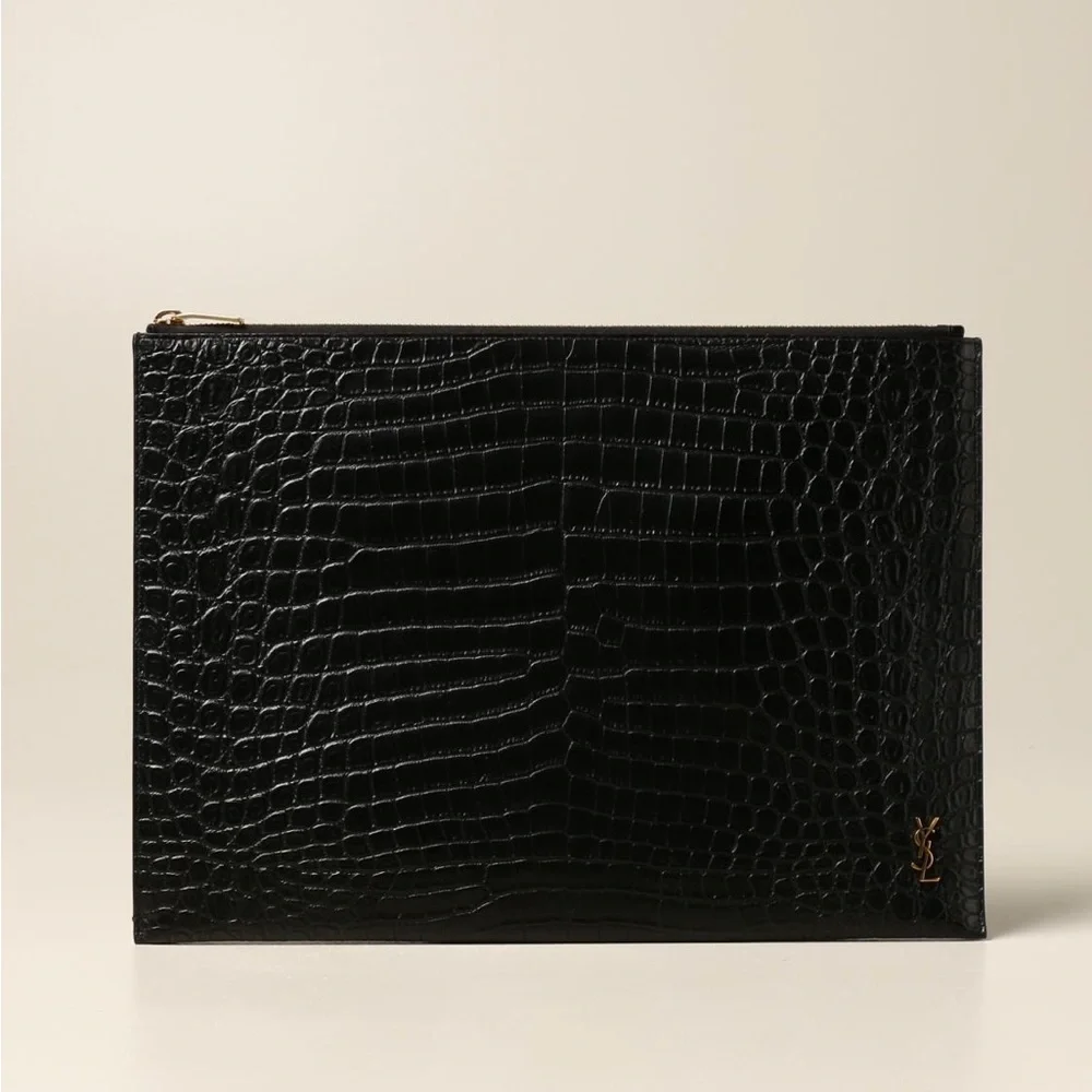 NEW in box. YSL Saint Laurent Black Croc embossed matte leather clutch bag - Picture 12 of 13